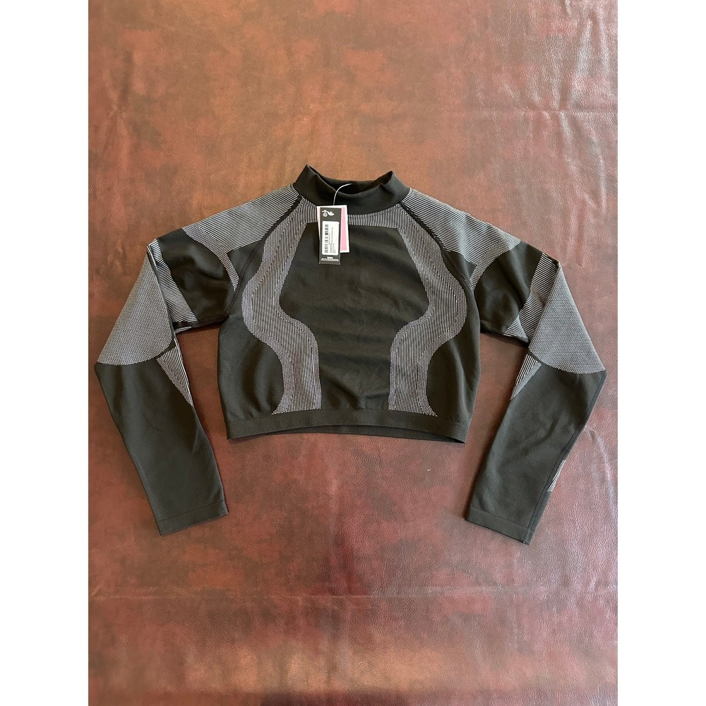 PrettyLittleThing Black Seamless Contour Long Sleeve Crop Top Mock Neck Large